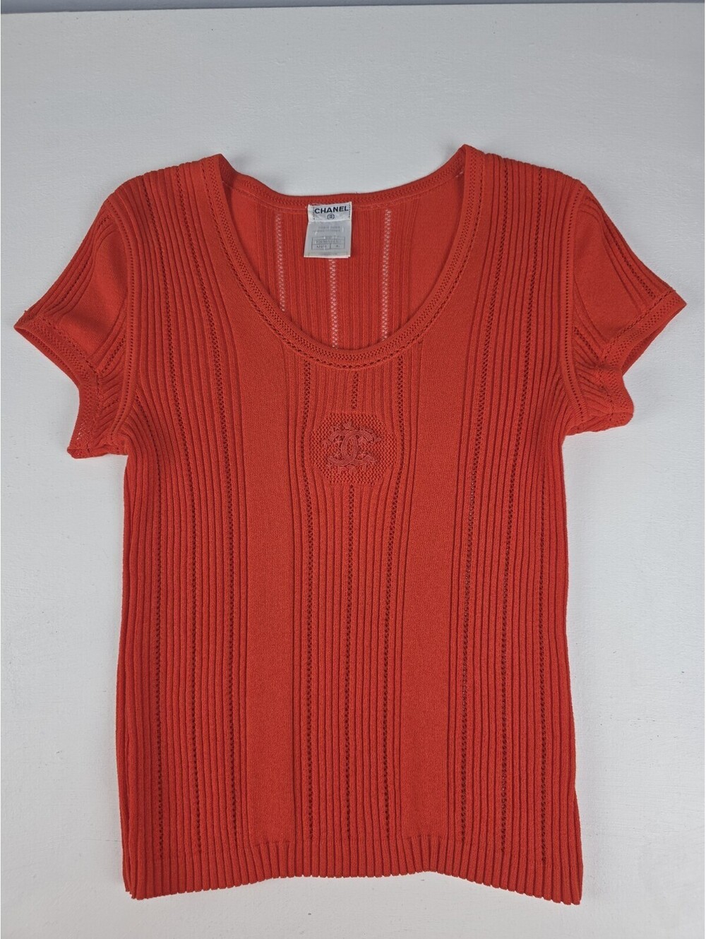 Vintage Chanel Monogram CC Knit Short Sleeve Ribbed Top Red Size 46 MINT
